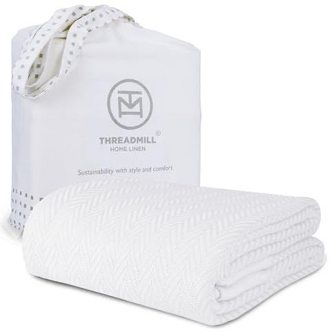 Threadmill Luxury Cotton Blanket for Queen Size Bed | All-Seasons Breathable Oeko TEX 100% Cotton Queen Blanket | Cozy, Soft Fall Thermals fits Full Size Bed, 90x92 inches | White