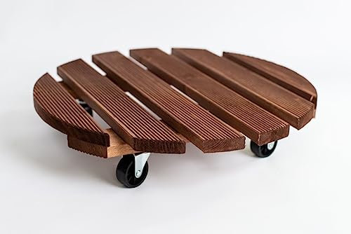 RADO WOOD Natural Wooden Plant Trolley - Pot Caddy - Round 45cm - Grooved Surface - Indoor/Outdoor Vinatge Style - PREMIUM - Dark Brown