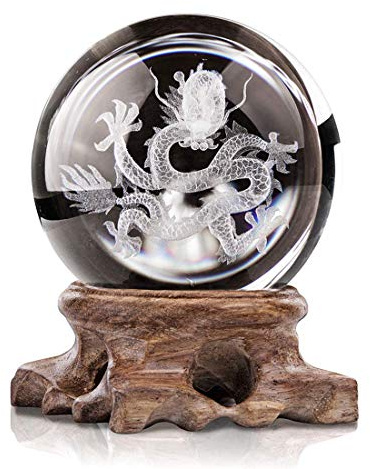 HDCRYSTALGIFTS Pisapapeles con Bola de Cristal 3D Tallada en el Interior, diseño de dragón, Esfera para Regalo de cumpleaños con Base de Madera (60 mm)