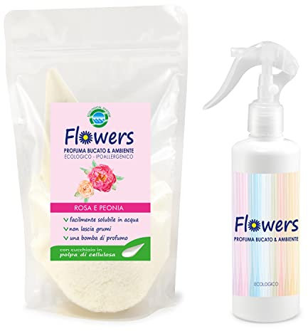 Profuma Bucato, Rosa e Peonia - Ecologico in polvere, 200g Kit con Spruzzino Profuma Ambiente
