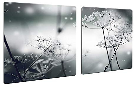 Herdabdeckplatte Abdeckung Ceranfeld Abdeckplatte Schneidebrett 2-Teilig 80x52 Pusteblume Wilder Dill Grau Spritzschutz Glasplatte Ceranfeldabdeckung Sicherheitsglas Glasschneidebrett 2x40x52