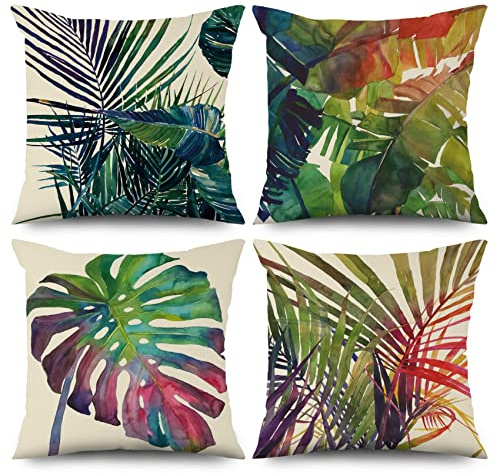 ASDCXZ grönt örngott 40 x 40 cm set om 4, vår akvarell gröna blad soffa dekorationskudde örngott tvättbar polyester lin textil utomhus stoppning örngott
