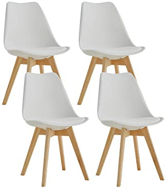 GrandCA HOME Lot de 4 Chaises de Salle à Manger, Chaise de Cuisine SGS Tested avec Pieds en Pin, Chaises Rembourrées pour Salle à Manger, Salon et Cuisine, Blanc-PE