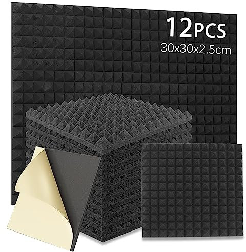 12 PCS Akustikschaumstoff Selbstklebend,Pyramidenschaumstoff Selbstklebend mit Aufkleber,Noppenschaumstoff,Schalldämmung Schallabsorber Wand,Schalldämmung Selbstklebend,Akustikschaummatten 30x30x2.5cm