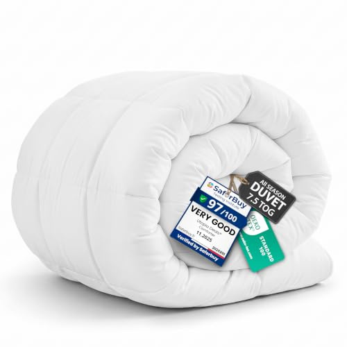 Utopia Bedding All Season King Size Duvet, White | 7.5 TOG coverless duvet with 280 GSM filling, soft polyester, box stitching, corner tabs, and OEKO-TEX® certified.