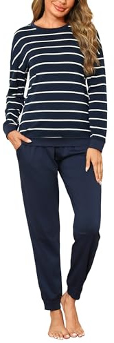 Bresdk Pyjama Femme Ensembles de Coton Hiver à Manches Longues Costume de | Maison rayée à Col Rond Chaud et Doux