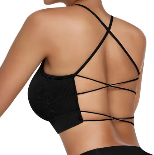 Vertvie Damen Sport BH Gepolstert Crossback Yoga Sports Bra Spaghettiträger Rücken Verkreuzt Gerippt Bustier Ohne Bügel Atmungsaktiv BH mit Abnehmbaren Cups(1pc: Schwarz,L)