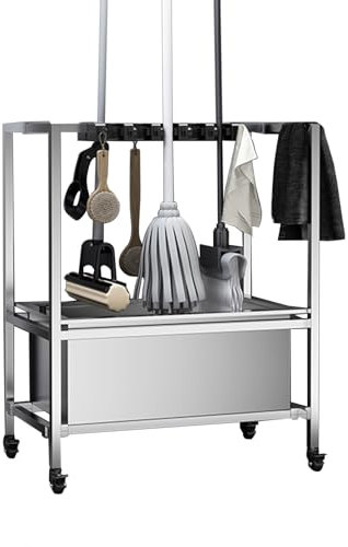 TRGCJGH Edelstahl Rollender Reinigungswagen, mit Besenhalterung Haushaltsstation, Besen und Mopp-Organizer(93cm/36.6in,10 Slots and 12 Hooks)