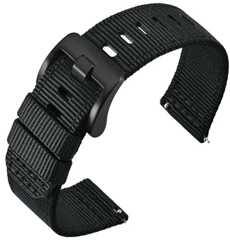ANNEFIT Quick Release Watch Bands 20mm, Military Nylon Watch Strap for Men, Heavy Duty Stainless Steel Brushed Black Buckle (Black)