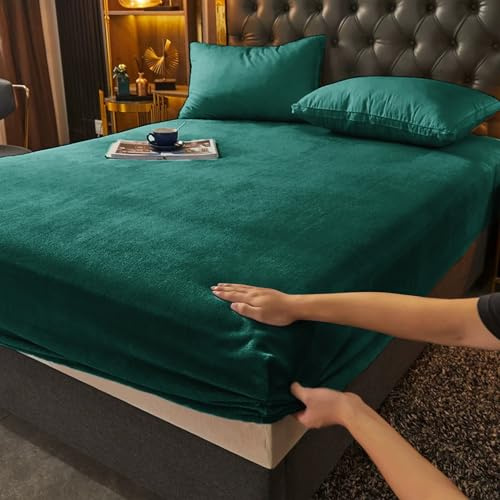 Gezu Lenzuolo con angoli, 180 x 200 + 30 cm, verde scuro, lenzuolo in flanella di lana e velluto, rosso corallo, coprimaterasso, caldo, invernale, ipoallergenico, non necessita di stiratura, orlo