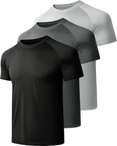 miijoory Pack of 3, 5 or 7 Men's Sports T-Shirts, Quick-Drying, Breathable, Multi-Sport, Workout and Training, Black, Dark Grey, Light Grey, L