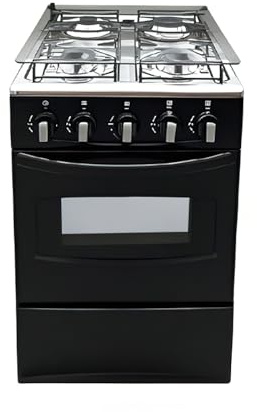20 Freestanding LPG Oven - Equipped with 4 coil burners and Gas Stove with stainless steel 50L oven (Black: Automatic ignition)
