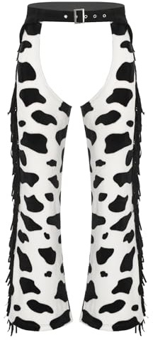 Eandarui Mens Western Cowboy Chaps Cow Print Flannel Tassel Hollow Crotch Adjustable Waist Pants Black White L
