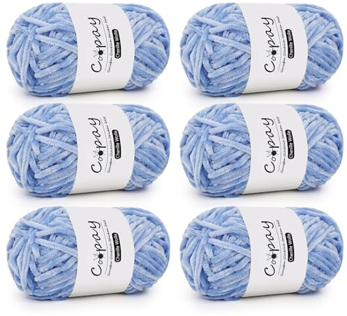 Coopay Lana de chenilla para ganchillo, 6 x 100 g, suave y aterciopelada, lana gruesa para tejer, cálida lana de felpa, para mantas, bufandas, gorros, azul cielo