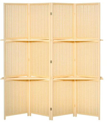 HOMCOM Paravent 4-teilig 180 x 180 cm Faltbar Trennwand mit Ablage Raumteiler, Raumtrenner aus Holz und Bambus Sichtschutz Stellwand für Wohnzimmer Natur