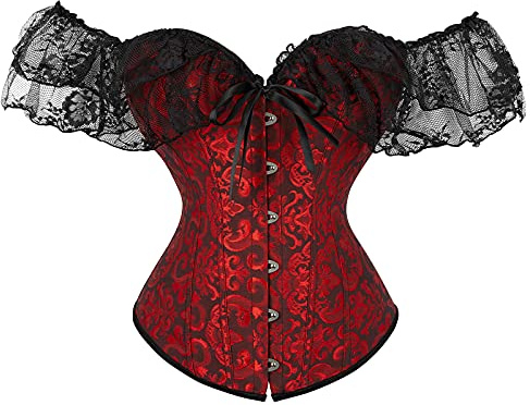 FeMereina Corsé para mujer con mangas de encaje, corpiño con cordones, corsé y lencería moldeadora, rojo oscuro, XL