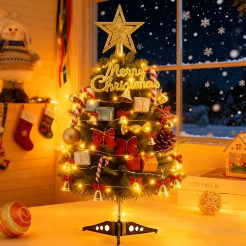 Silkwish 50 cm mini julgran med varmvit belysning – konstgjord julgran med stjärnträd, julgranskulor, 42 x juldekoration – batteridrivet bord, julgran för inomhus, kontor