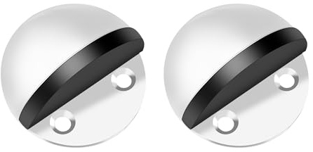 SZWLJ 2PCS White Self-Adhesive Half Moon Door Stops, Floor Mounted Door Stoppers, Rubber & Stainless Steel Doorstop for Home and Office Noise Reduction & Shock Absorption (Screws, Plugs, Stickers)