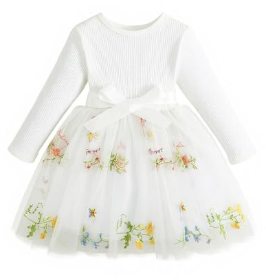 JiAmy Flower Girls Dresses Embroidery Bow Dress Kids Long Sleeves Ribbed Knit Top Tulle Skirt with Belt for 4-5 Year Old, White Flower