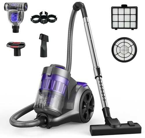 Aspiron 1700W Canister Vacuum Cleaner, 45Kpa Bagless Vacuum Cleaner, Multi-Cyclonic Filtration, 2 Anti-Allergen HEPA Filters, 3.5QT Dust Cup, 4 Tools, Corded Vacuum for Hard Floor, Pet Hair, Purple