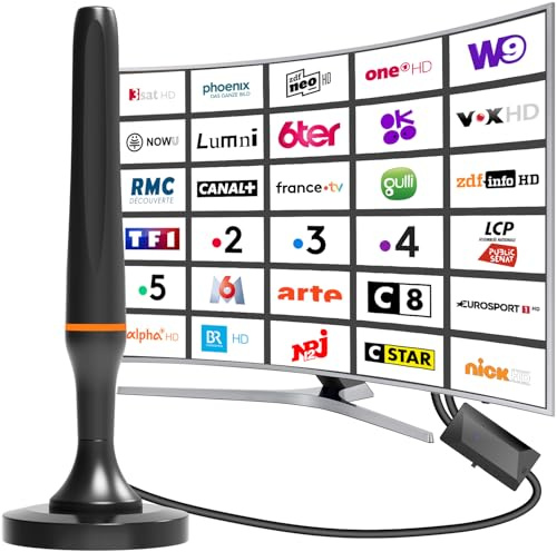Antenne TV intérieur,Antenne TV Intérieur Puissante TNT HD 2026, Antenne TNT Intérieur Amplifiée pour Téléviseur Intelligent, antennes TNT 4K 1080P pour Chaînes Locales, Base Magnétique, Câble 9.8ft