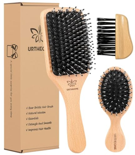 URTHEONE Boar Bristle Hair Brush Set, Large & Mini Beech Wood Hair Brushes