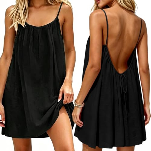 JYIXXZX Robe Caraco Dos Nu sans Manches pour Femme d'été Robe à Bretelles Spaghetti Fluide Robes Courte Casual Couleur Unie pour Les Vacances à la Plage la Maison