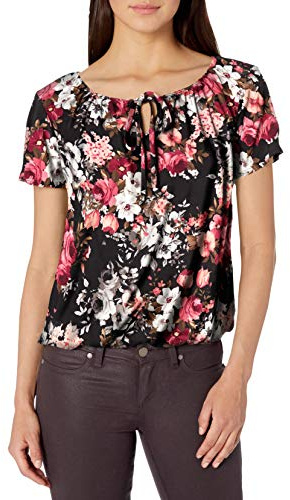Star Vixen kort/slits ärm nyckelhål-slips bondtopp bubbla fåll blus, Svart mark blommig, L