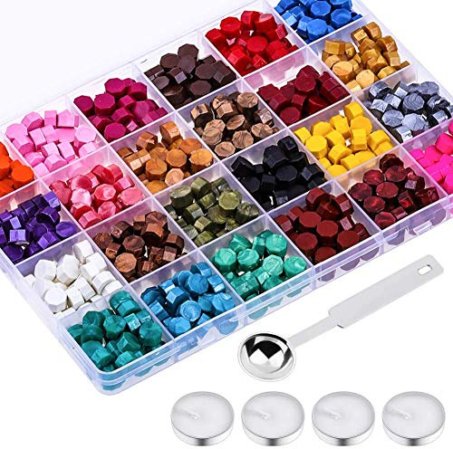 PAXCOO 624Pcs Sealing Wax Beads, Sealing Wax for Wax Seal Stamp, Hexagon Wax Seal Beads with A Wax Spoon and 4Pcs Tea Candles (24 Colors)