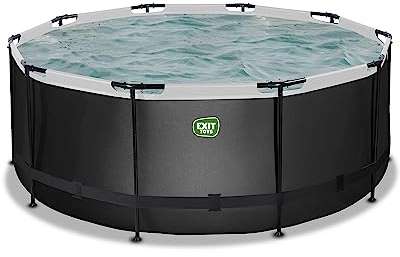 EXIT TOYS Piscine Black Leather - ø360x122cm - Grande Piscine Ronde en Pierre avec Pompe à Sable - Piscine Extra Profonde - Cadre Solide - Échelle de Piscine Incluse - Design Unique - Noir