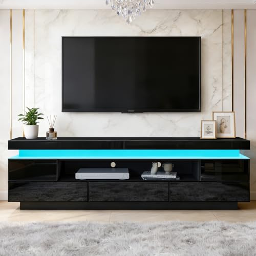 TV Stand Cabinet Modern Black Gloss TV Stand Unit with LED Lights 150CM, 5 Drawers, 1 Open Shelf and Hidden Top Storage Space, for Bedroom Living Room Home Furniture