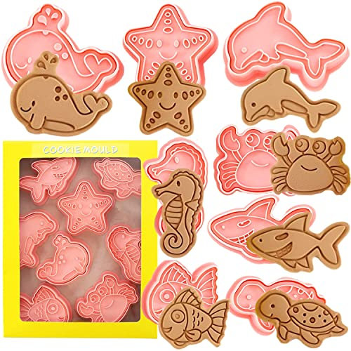 Ocean Cookie Cutters Set,Ocean Cookie Stamps,8 Piece Ocean Cookie Cutters with Plunger Stamps Set for Biscuit Fondant Baking Molds