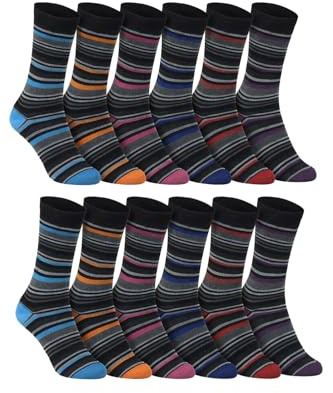 12 Pair Multipack Mens Cotton Striped Socks | SOCK SNOB | 12 Pair Multipack | Orange Purple Pink Blue & Red Striped Socks (6-11, Assorted)