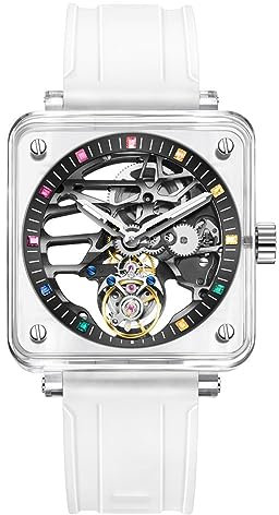 Aesop Transparente Tourbillon -Männer Uhren mechanische Männer Armbanduhr Kristallquadrathülle Sapphire Spiegel wasserdichte leuchtende Luxusuhr 7058(Farbstundenmarkierungen)