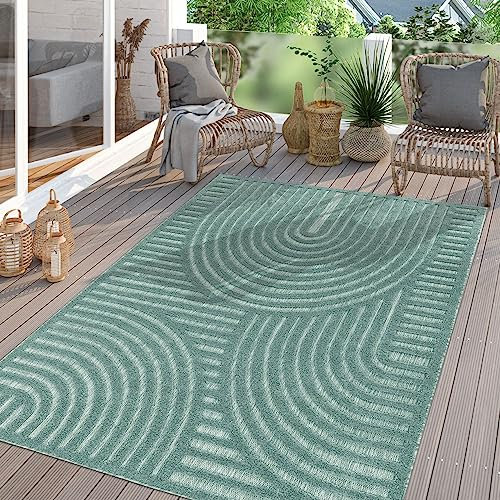 TT Home In-& Outdoor Teppich Wetterfest Balkon Küche Wohnzimmer Boho Skandi Design, Farbe:Grün Türkis Blau, Größe:240x340 cm
