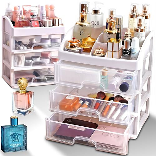 Retoo Kosmetik Organizer Schubladen, Make-up Organizer, Schubladenbox, Schreibtisch für zu Hause, Badezimmer, Schlafzimmer, Lippenstifte, Nagellack, Schmuck, Pinsel, Cremes, 17x23,3x26,8cm, Weiß