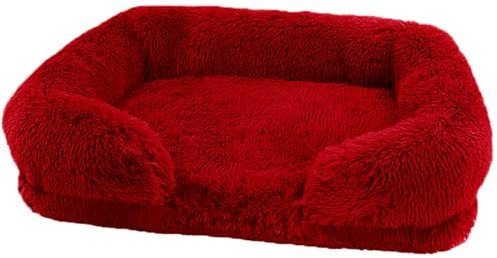 KYMMPL Bequemes Hundebett, orthopädisches Hundebett, waschbar, flauschig, rechteckig, Katzenbett mit rutschfester Unterseite, selbstheizendes Hundekissen, Sofa (M(50 x 40 x 14 cm), 900 g, Rot)