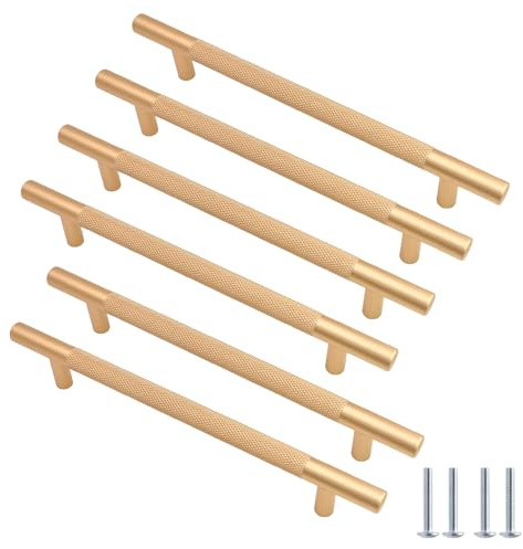 Cjueiom 6 Pack Gold Cabinet Handles 160mm Hole Center T-Bar Handles, Knurled Drawer Handles Long Wardrobe Door Handles Pulls with Diamond Pattern, Kitchen Cabinet Handles for Bedroom Drawer