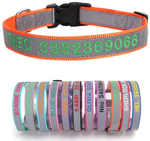 Reflektierend Hundehalsband Nylon mit Personalisiert Gesticktem Namen und Telefonnummer Verstellbar Halsband Passend für Große Mittlere Kleine Hunde Welpe