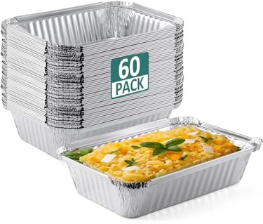 NEEBAKE 60 Pack 8x6 Disposable Aluminum Pans Aluminum-Foil-Pans-Tin-Foil-Baking-Pans-Tin-Trays-Food-Containers-for-Meal-Prep-Cooking-Roasting-Heating