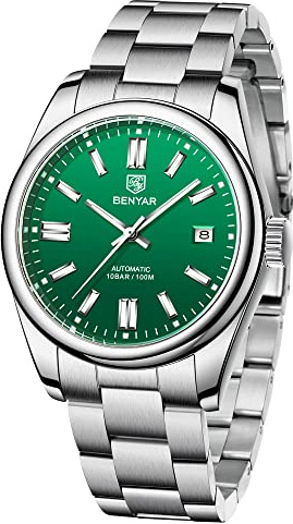 Benyar 5185 Montre Automatique pour Hommes Bracelet en Acier Inoxydable étanche Lumineuse Sport décontracté Montre analogique à remontage Automatique Date, Vert, Classique