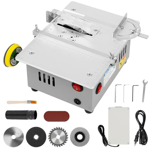 Minisierra de mesa de 240 W, control de motor dual con disco abrasivo de 2 pulgadas, 10 almohadillas de pulido y 4 hojas de sierra, sierra circular de mesa de profundidad de corte ajustable, enchufe