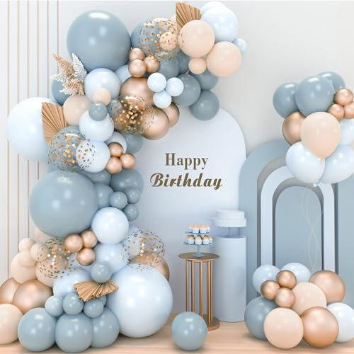 Kit Arco Palloncini Compleanno Blu Oro, 106pcs Ghirlanda Palloncini Azzurri Beige con Palloncini Macaron Azzurri Sabbia Bianco, Decorazioni Battesimo Blu Dorati per Festa Laurea Baby Shower Matrimonio