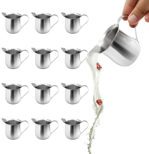 12Pack 3 Oz Small Creamer Pitcher, Stainless Steel Bell Creamers, Mini Creamer Dispenser with Pouring Spout for Cream, Milk, Salad Dressing, Maple Syrup