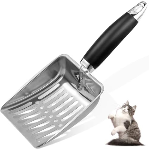 Apidgrowth Cuchara de Arena para Gatos de Acero Inoxidable, Pala de Arena Mediana de Metal, Pala de Malla Resistente, fácil de Limpiar, Adecuada para Caja de Arena para Gatos, Color Negro