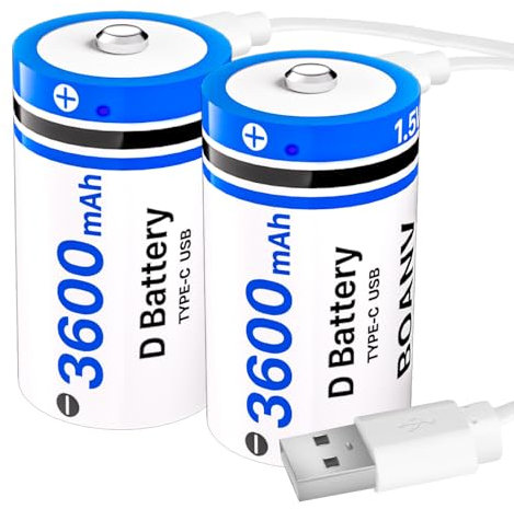 BOANV D Akkus Wiederaufladbar 3600mAh (PCS2),1.5V Wiederaufladbare D Akku USB Typ C Ladekabel LR20 Ersatzbatterie für Taschenlampe