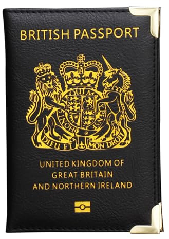 Glanzend British Passport Holder | UK Passport Wallet | UK Passport Cover for Travel Business Cards Credit Cards and Boarding Passes | Non EU | Premium PU Leather | Gold Protective Corners | Black