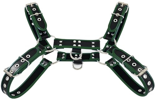 ZZRBVFH Men‘s Leather Body Chest Harness PU Suspenders Shoulder Belt Strap Adjustable Buckle Cosplay Garter Belt (Black-Green)