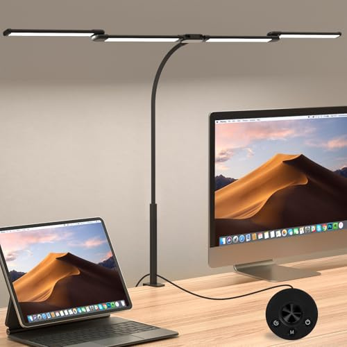 Comely Lampada da Lavoro 24W, 120cm Lampada Scrivania con 5 temperature colore, 2750LM Lampade da Lavoro con 10 regolazioni di luminosità, 4-Led Lampada da Scrivania, Luce Scrivania con Morsetto, Nera