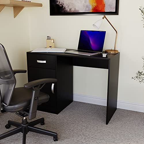 Vida Designs Hudson Computer Desk with Drawer and Door, Home Office PC/Laptop Table, Gaming Study Workstation Storage Cupboard Furniture, Black